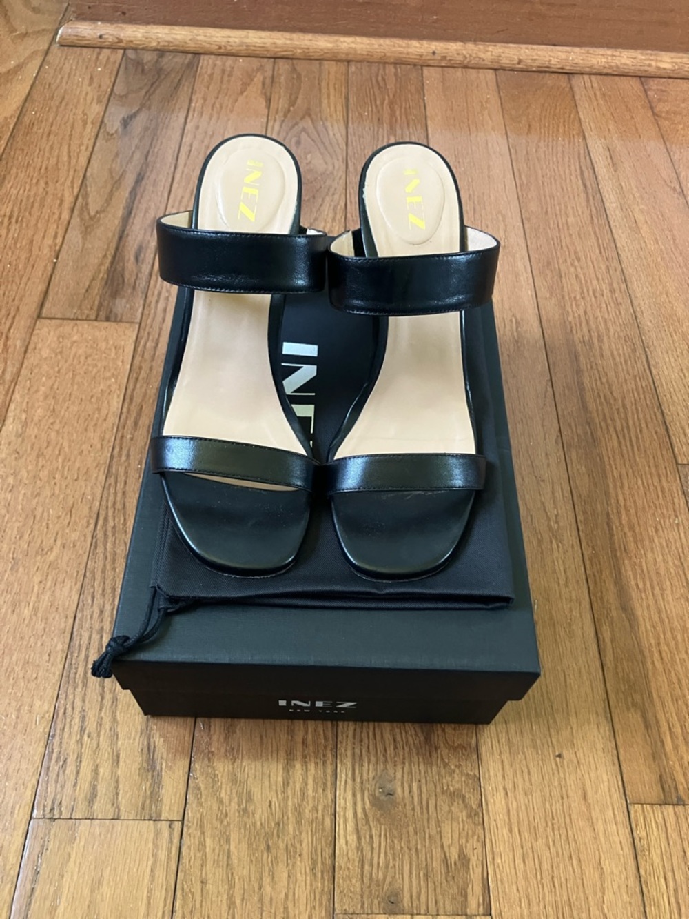 INEZ Black Leather Double-Strap Heeled Sandals